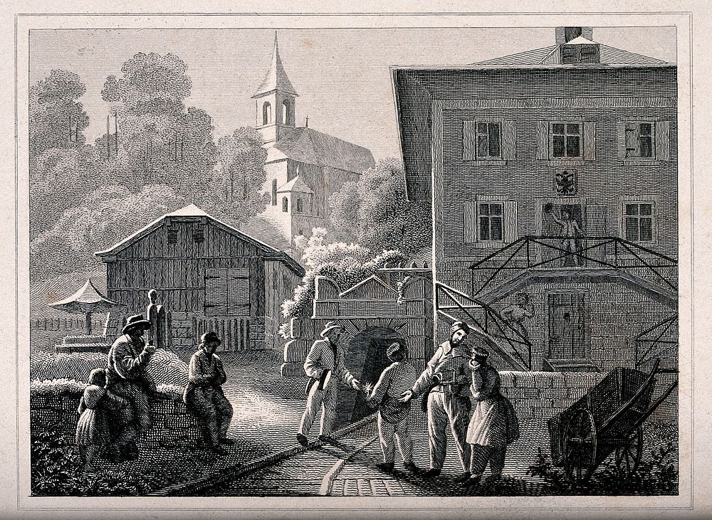 Salt mines at Dürrenberg: people standing in the streets near to the track that runs into the mine. Etching.