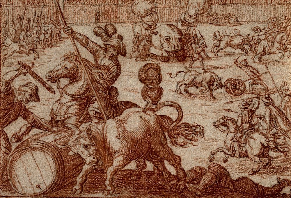 A bull fight with mounted riders and a grotesque machine on wheels emitting smoke in the background. Red chalk drawing after…