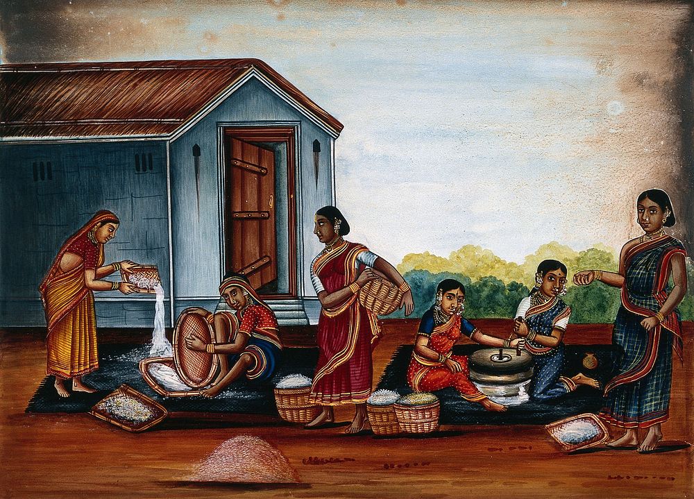 Women grinding and sieving grain into flour. Watercolour by an Indian artist.