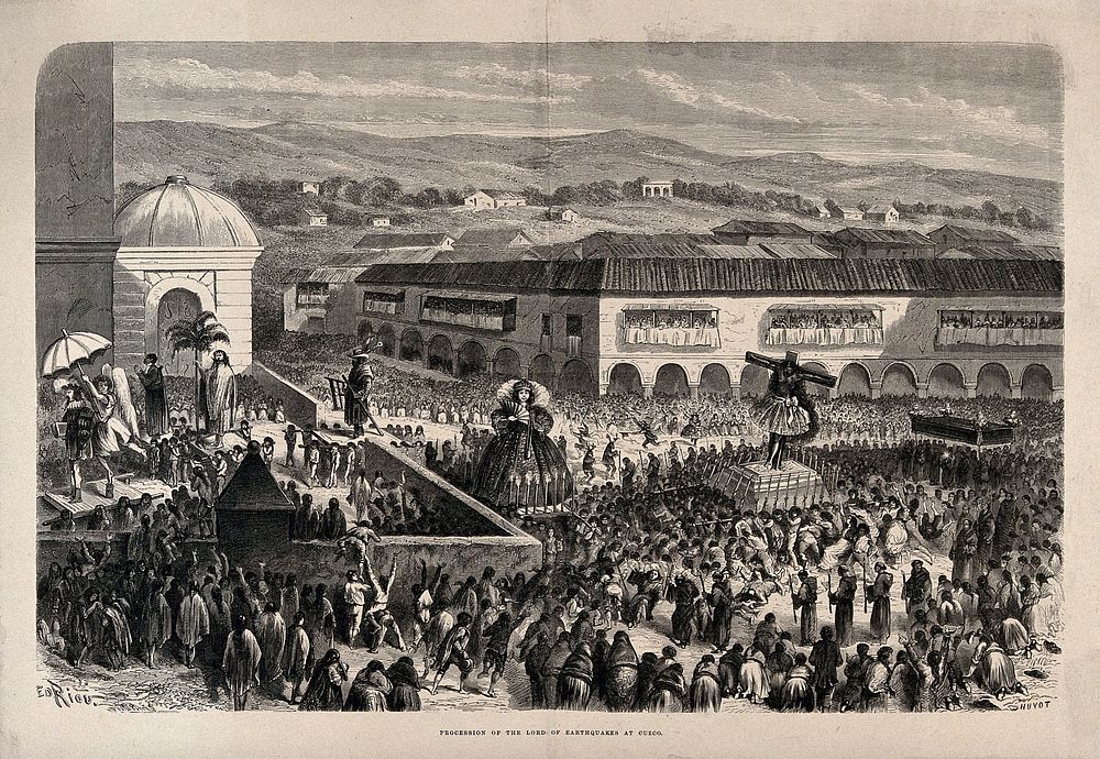 A procession of the Lord of Earthquakes at Cuzco, Peru. Wood engraving by J. Huyot after Ed. Riou.