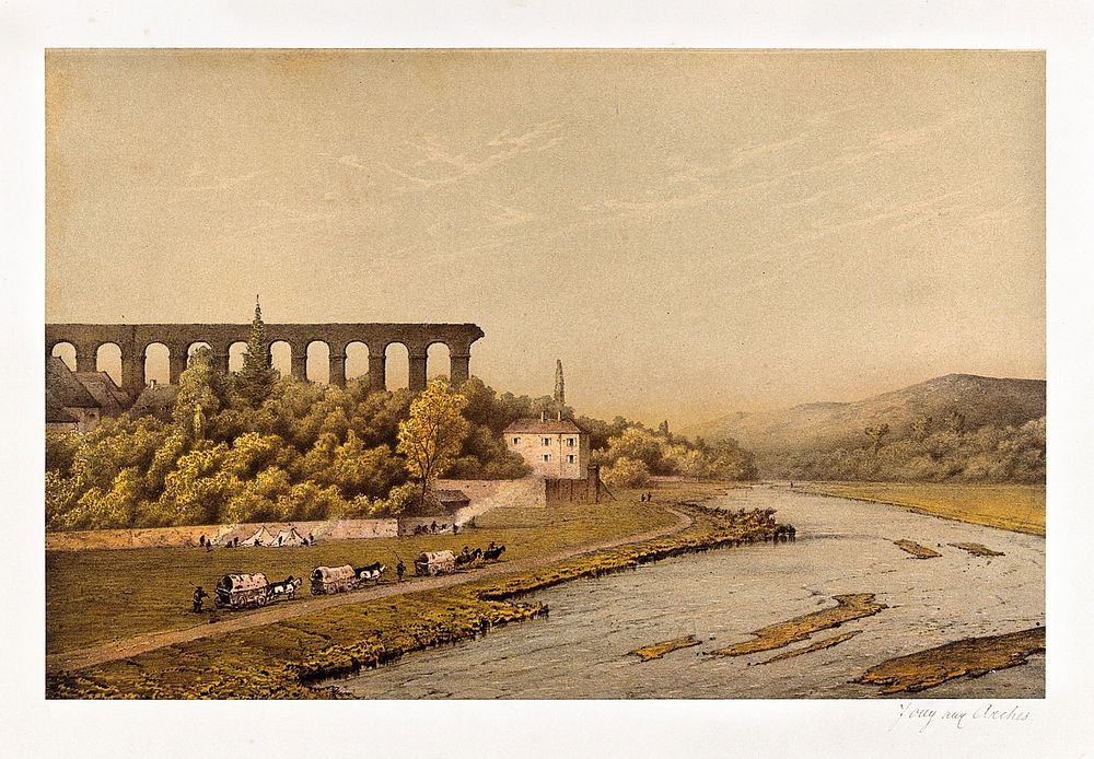 The Jouy aqueduct, near Metz. Colour lithograph.