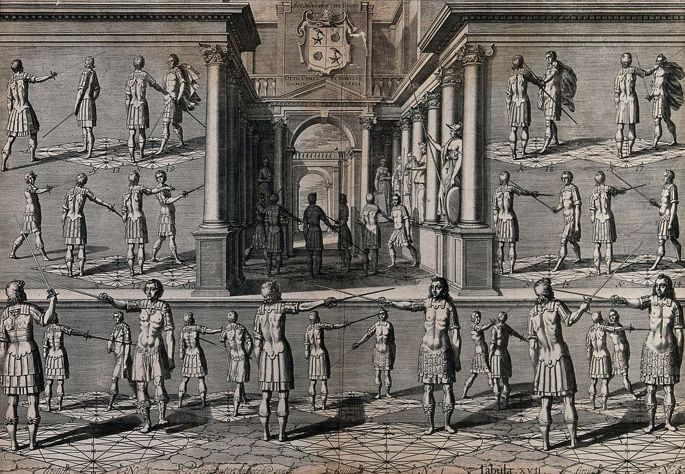 Men fencing. Engraving by P. Serwouters.