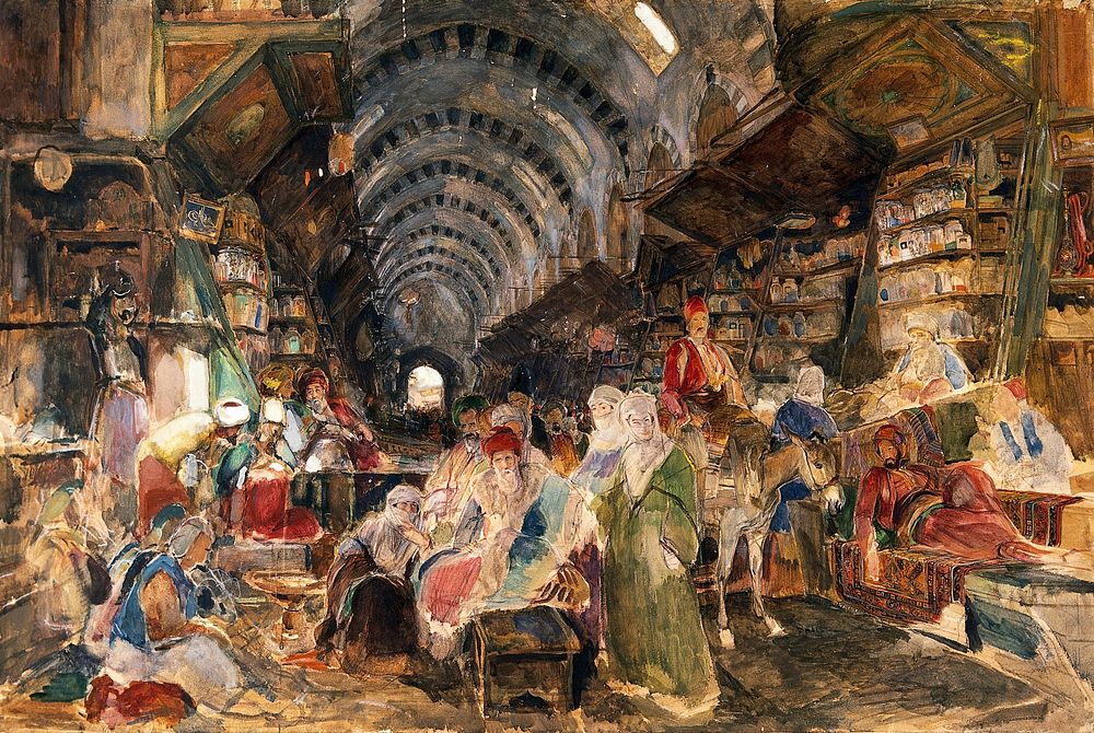 The Egyptian or drug bazaar at Constantinople. Watercolour by J. F. Lewis.