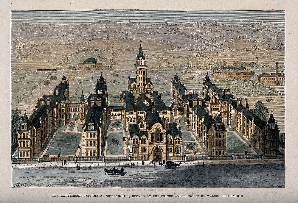 St Marylebone Infirmary, Exmoor Street, London: the exterior. Coloured wood engraving by H.J. Crane after F. Watkins , 1881.