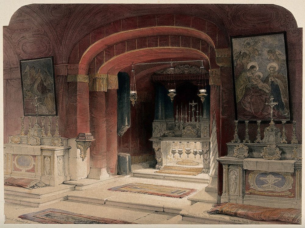 Shrine of the Annunciation of the Virgin, in the church of the Annunciation, Nazareth, Israel. Coloured lithograph by Louis…
