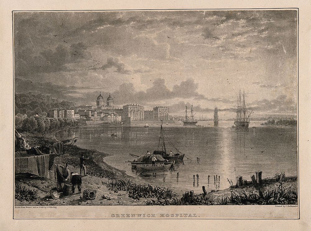 Royal Naval Hospital Greenwich, viewed at sunset from afar with many ships, fishermen in the foreground. Lithograph by J. D.…