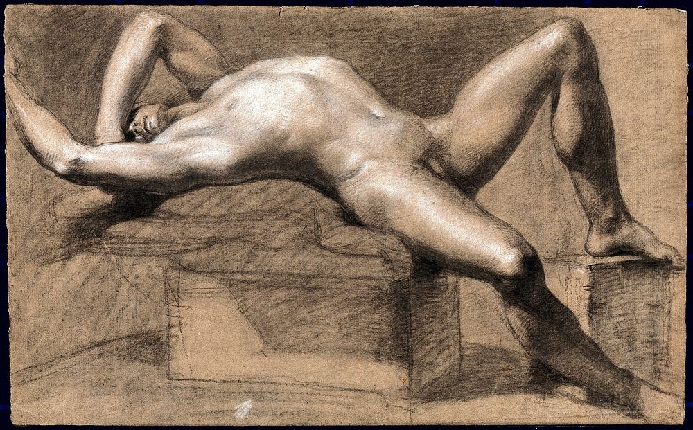 A reclining male nude with his left arm shielding his eyes. Black chalk drawing by J.J. Masquerier.