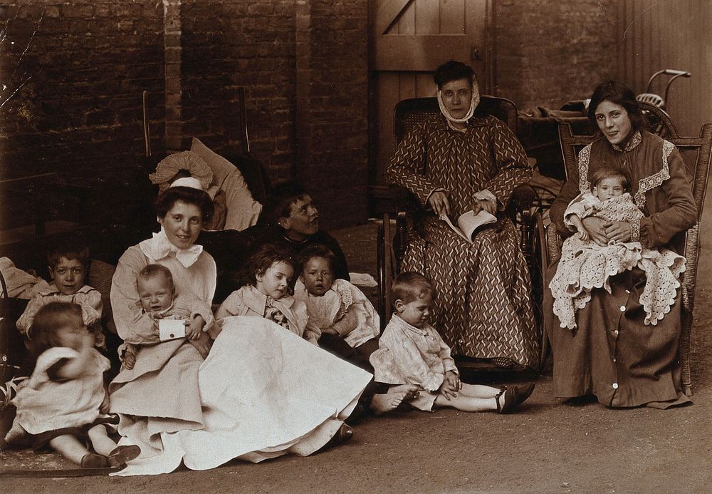 St Mary's Hospital, Plaistow: patients, children and a nurse. Photograph, 1904.