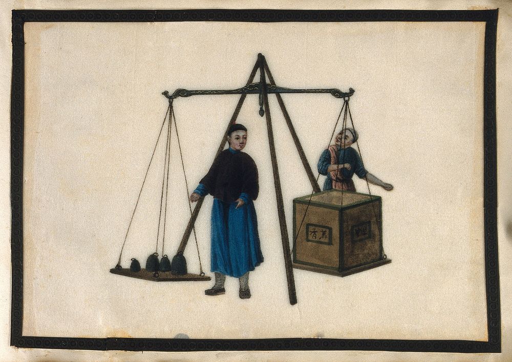 A man checks the weight of a crate of tea, which has been placed on a large balance. Painting by a Chinese artist, ca. 1850.