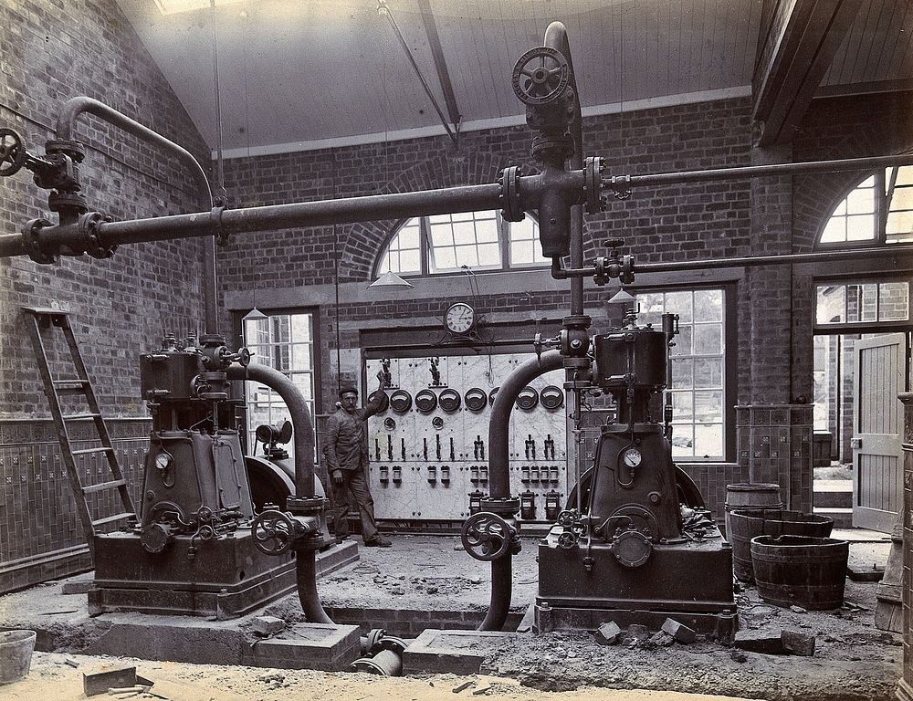 Johannesburg Hospital, South Africa: member of staff, possibly in the boiler room. Photograph, c. 1905.