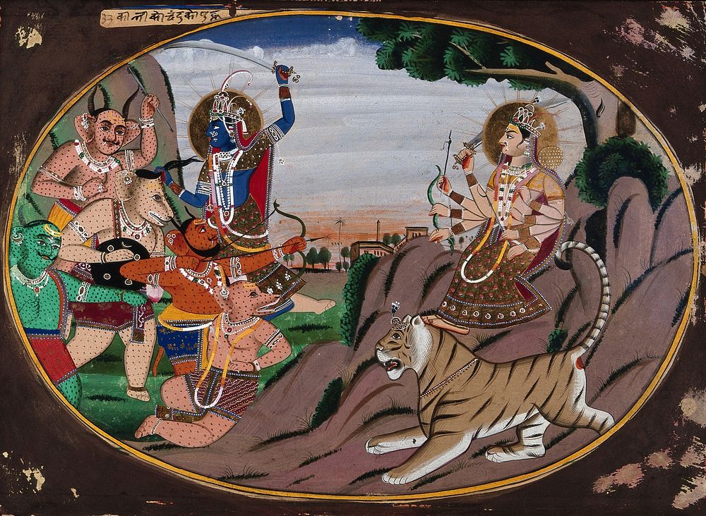 An eight-armed goddess (Durga ) standing on a tiger's head faces a group of demons as one of them is attacked by a blue…