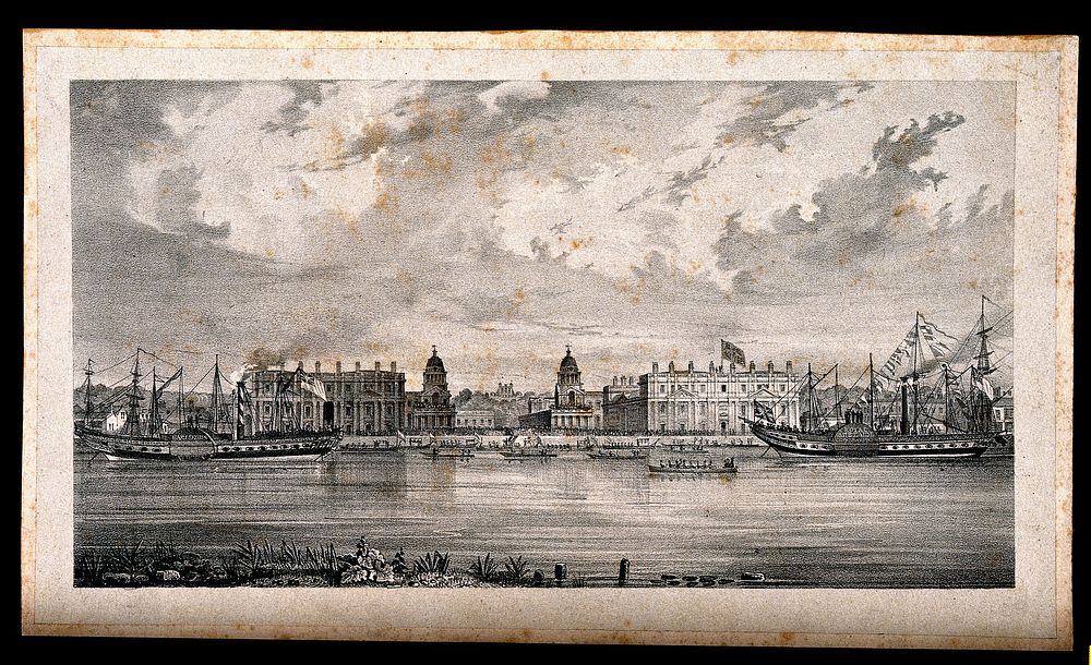 Royal Naval Hospital, Greenwich: a Naval Review in progress with ships of the line, and rowing boats in the foreground.…