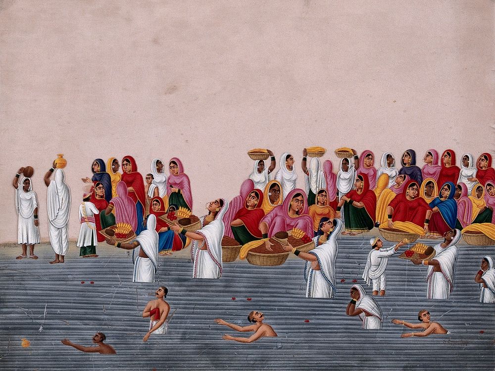 People bathing and praying in the holy river Ganga. Gouache painting on mica by an Indian artist.