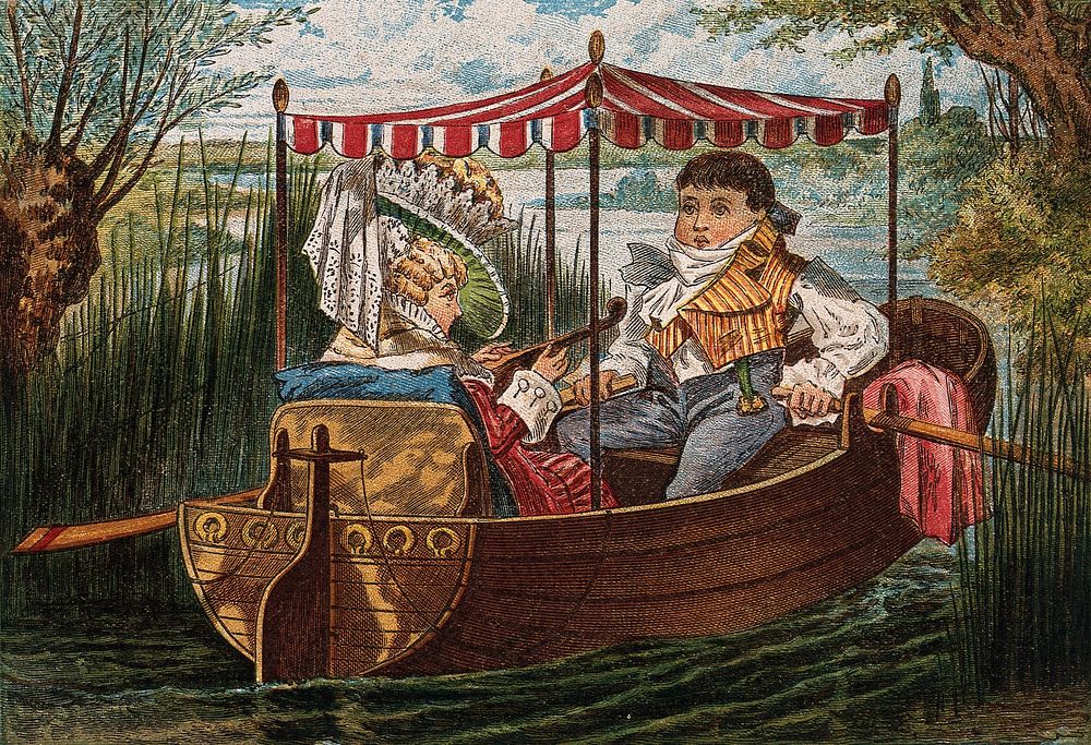 A young couple in Regency costume enjoy an excursion in a canopied boat on the river. Colour wood engraving by Leighton…