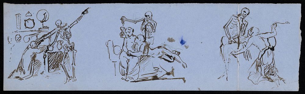 Four scenes with a skeleton: the skeleton directing an astronomer-alchemist, poisoning the drink of lovers, contemplating a…