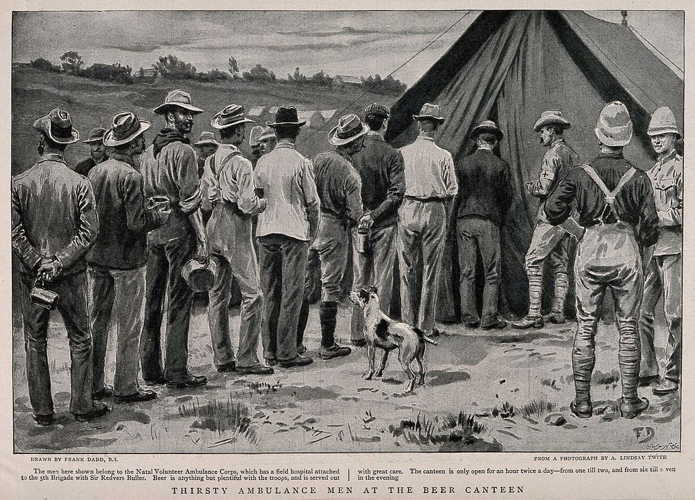Boer War: thirsty ambulance men queuing up at a beer tent. Process print by Swain after F. Dadd after A. Lindsay Twite.