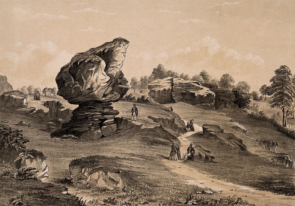 Toad Rock, Tunbridge Wells, Kent: panoramic view. Tinted lithograph.