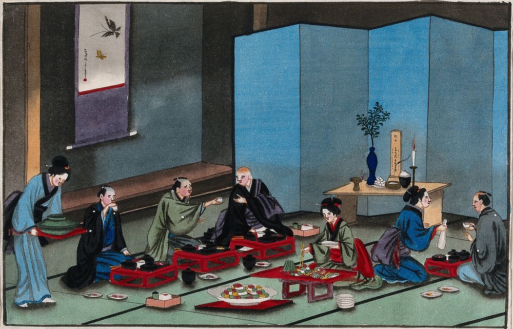 Japanese funeral customs: in the house of the dead man, relatives share a meal with a Buddhist monk. Watercolour, ca. 1880 .