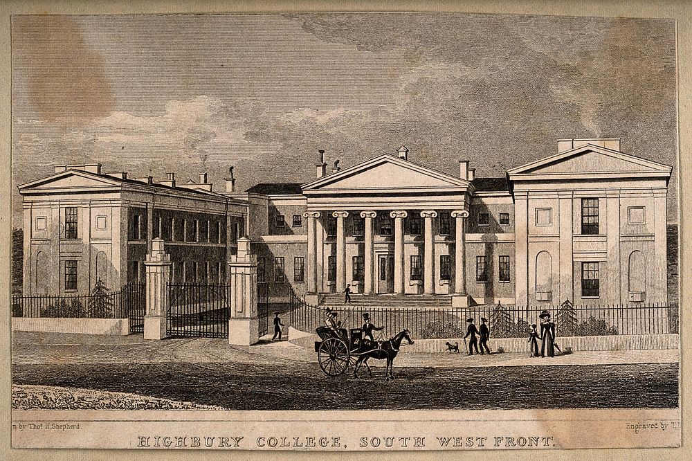 Highbury College, London. Etching by T. Dale, 1827, after T.H. Shepherd.