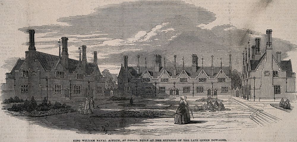 The King William Naval Asylum, Penge. Wood engraving, 1849.