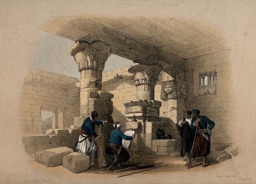 Artist in local costume sketching under the portico of Dayr-el-Medeneeh at Thebes, Egypt. Coloured lithograph by Louis Haghe…