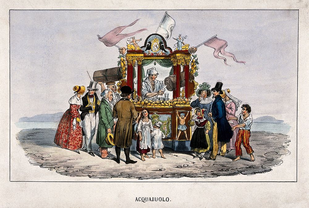 Family groups and travellers in Naples buy water from a water seller's stand. Coloured lithograph.