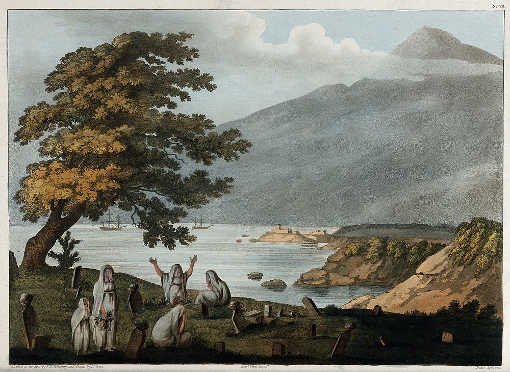 Beirut: veiled women in a burial ground. Coloured aquatint by J. Jeakes after D. Orme after F.B. Spilsbury, 1803.
