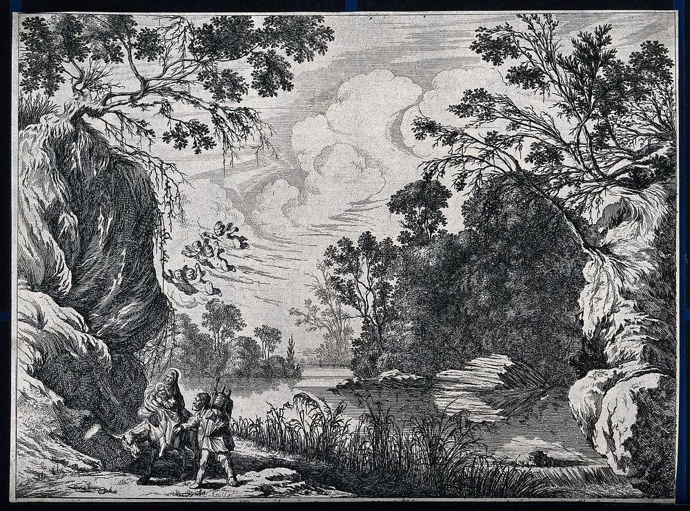 Mary and Joseph with Jesus through a wide landscape to Egypt. Etching by J. Callot.