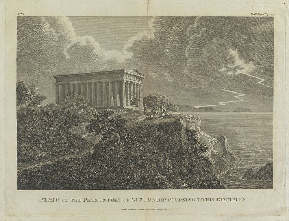 Sounion, Greece: Plato and his disciples on the promontory. Engraving, 1817.