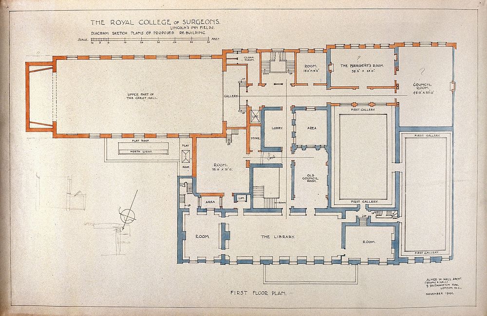 Proposed rebuilding of the Royal College of Surgeons of England: plan of first floor. Watercolour by Alner W. Hall (Alner &…