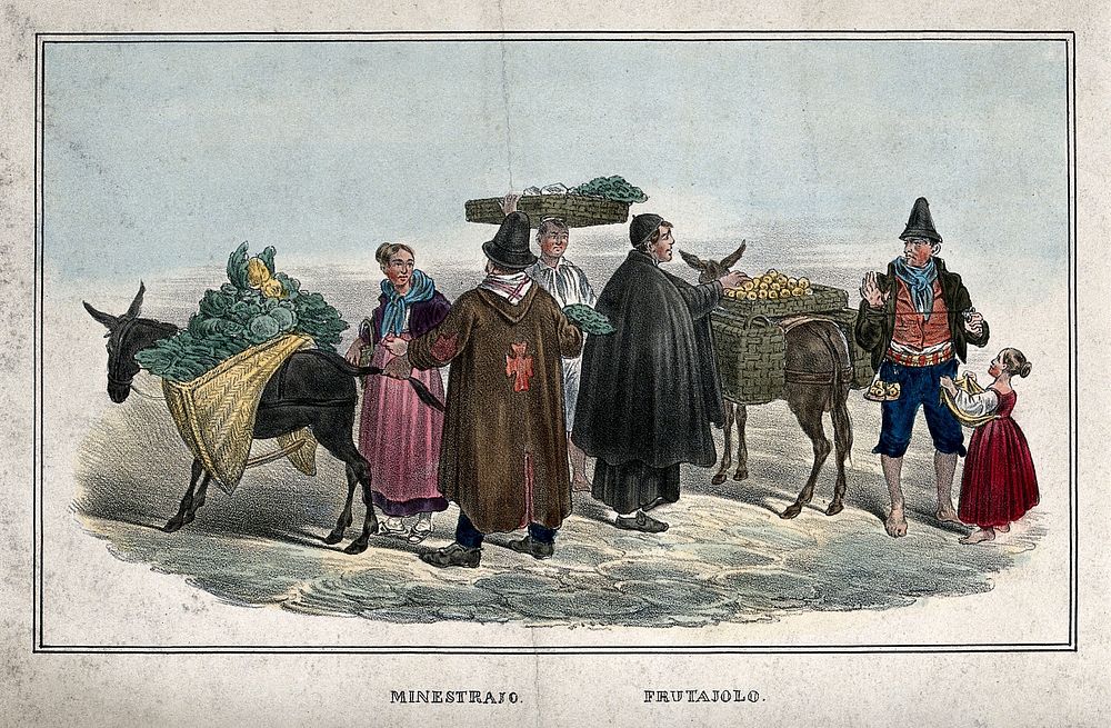 Sellers of vegetables and fruit in Italy, with some of their customers. Colour lithograph.