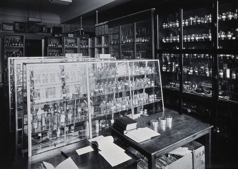 The Wellcome Building, Euston Road, London: working area in the materia medica stores. Photograph.