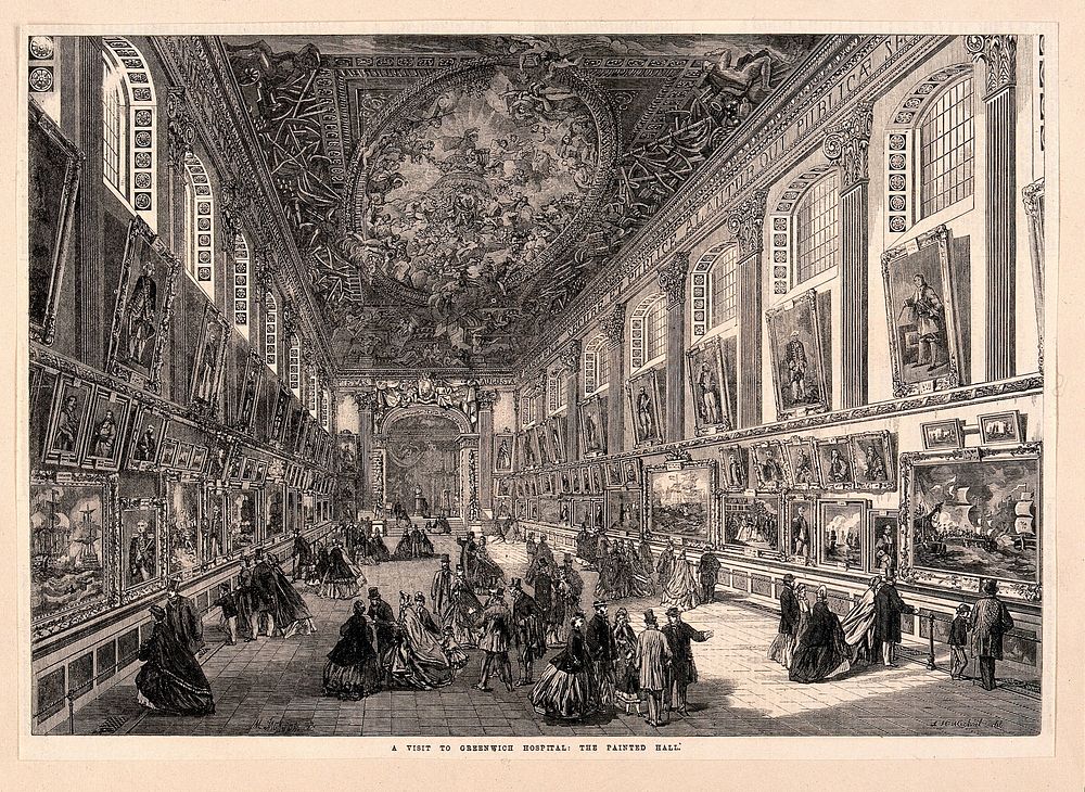 Royal Naval Hospital, Greenwich: the interior of the Painted Hall, with many visitors. Wood engraving by M. Jackson after L.…