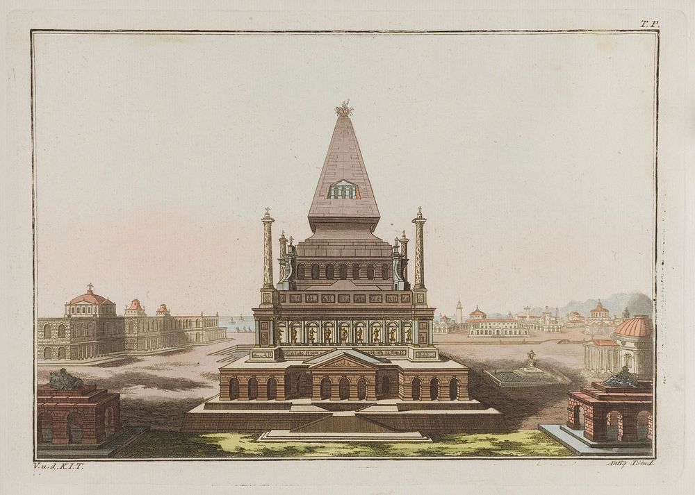 The tomb of Mausolus at Halicarnassus. Coloured engraving, ca. 1804-1811.