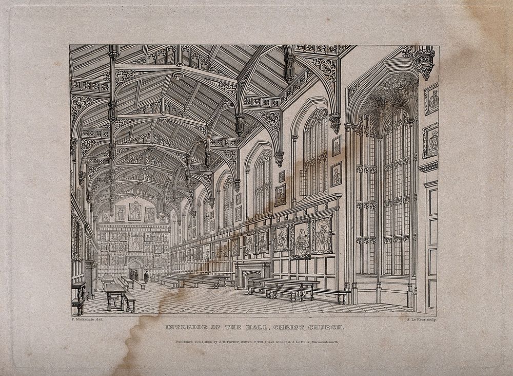 Christ Church, Oxford: interior of hall. Line engraving by J. Le Keux, 1833, after F. Mackenzie.