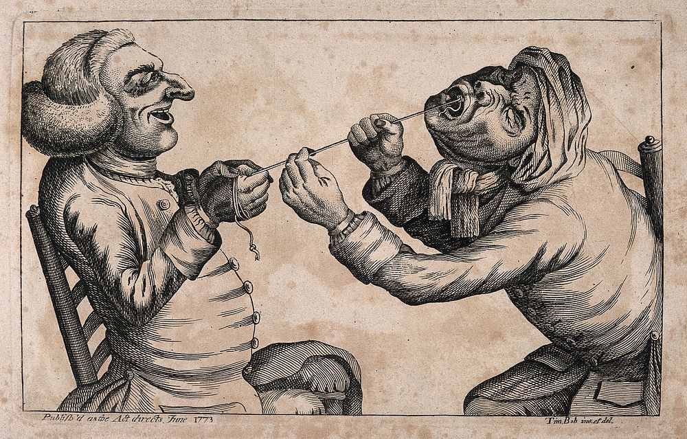 A tooth-drawer using a cord to extract a tooth from an agonized patient. Etching by J. Collier, 1773.