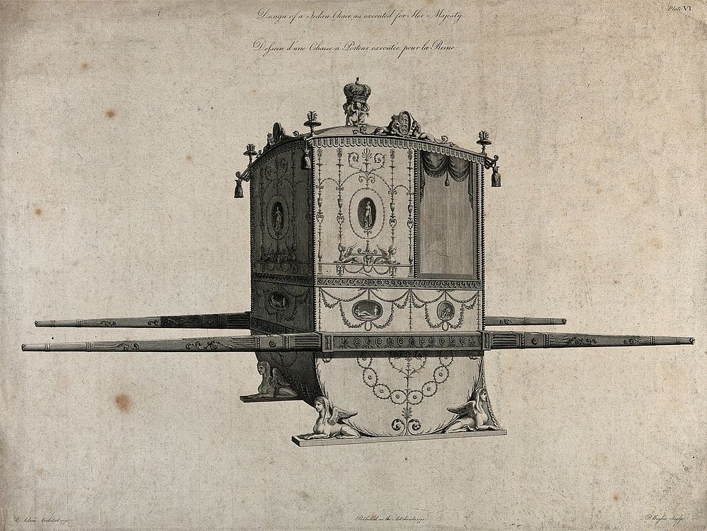An ornate sedan chair with a state crown on top. Engraving by P. Begbie, 1775, after R. Adam, 1771.
