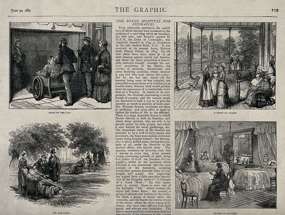 Four scenes from the Royal Hospital for Incurables at Putney Heath, London. Wood engraving, 1881.