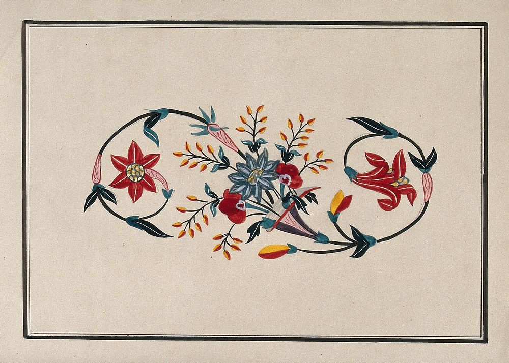 A floral design for pietra dura (marble inlaid with semi-precious stones). Gouache painting by an Indian artist.