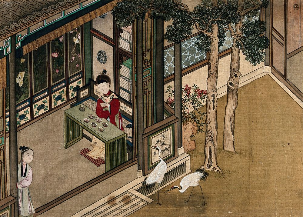 A Chinese lady in a red dress, seated indoors, takes a meal from six small bowls; right, two herons look on, hungry for…