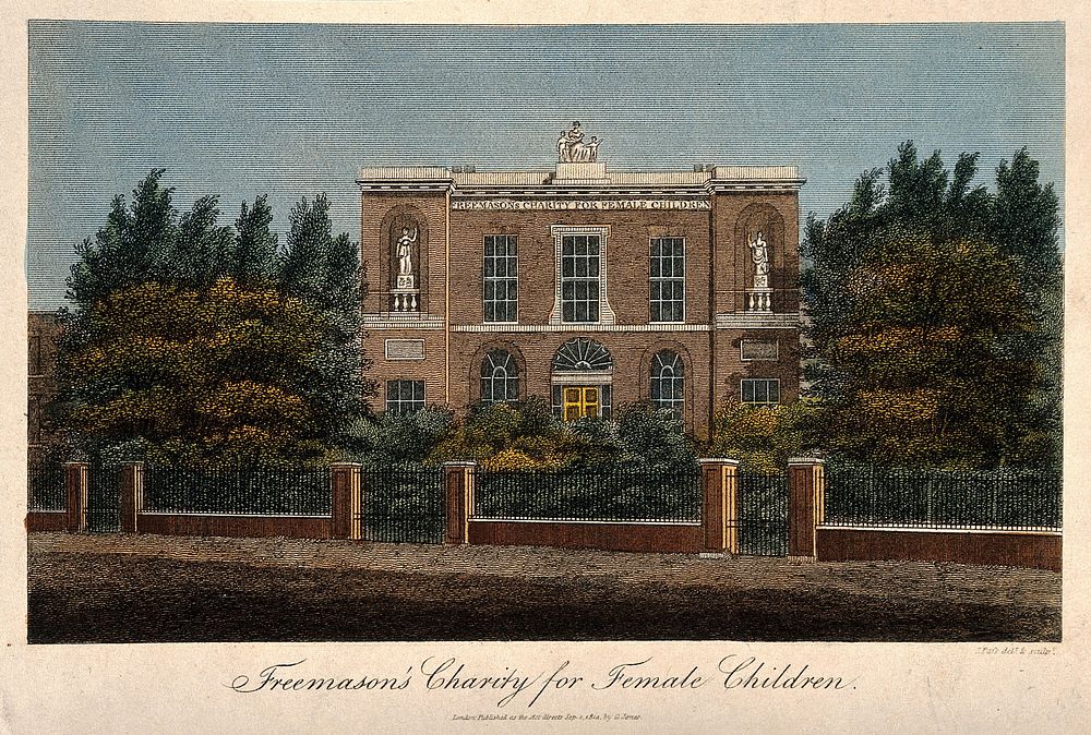 Freemason's Charity for Female Children, Southwark, London: facade. Coloured etching by J. Pass after himself, 1814.