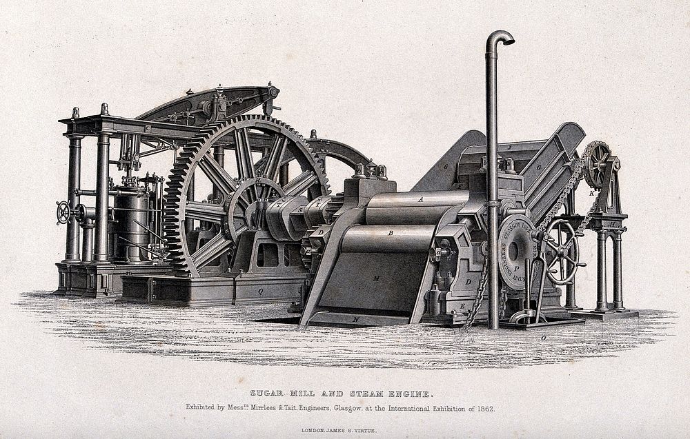 Machinery: a steam-driven sugar mill. Engraving by J. S. Virtue, 1862.