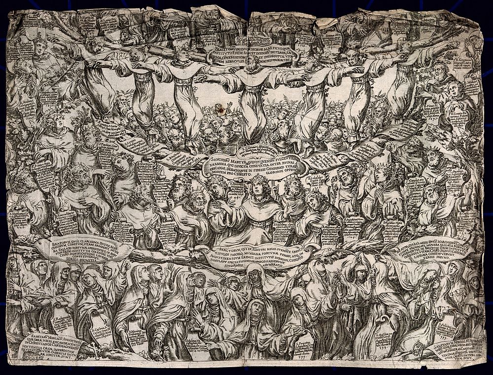 Saints, martyrs, Blessed Virgins and Nuns of the Augustinian order, in the centre, Saint Monica. Engraving by Oliviero…