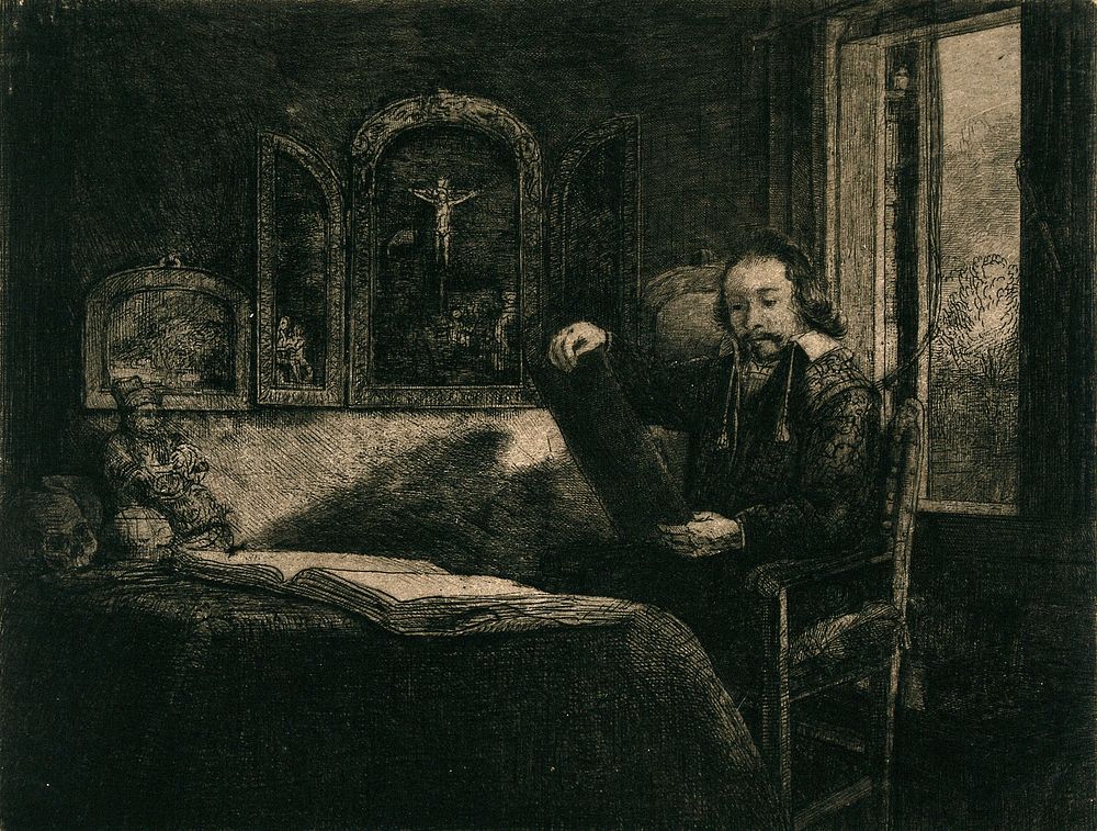 Abraham Francen, apothecary, seated by a window, gazing at a print or drawing. Etching by or after Rembrandt.
