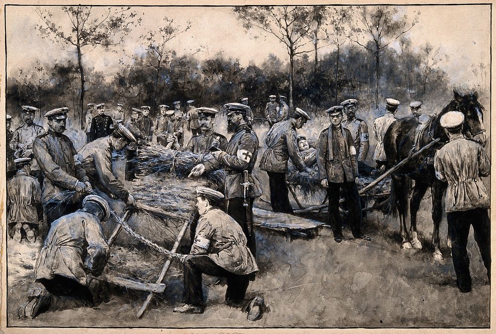 Army medical officers in the field constructing stretchers with logs and straw which are then pulled by a horse. Watercolour.