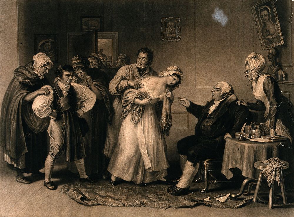 A matrimonial dispute: a young man looks aggressive as a young woman is accused before her father . Mezzotint.
