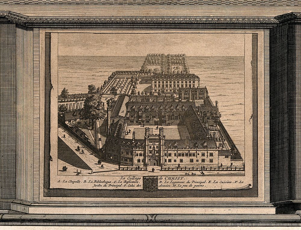 Bird's eye view of Christ's college, Cambridge with a key and the college coat of arms. Line engraving.