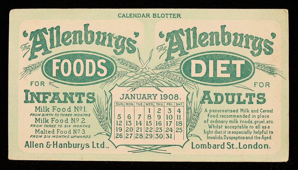 The 'Allenbury' Foods for infants : The 'Allenburys' Diet for adults : January 1908.