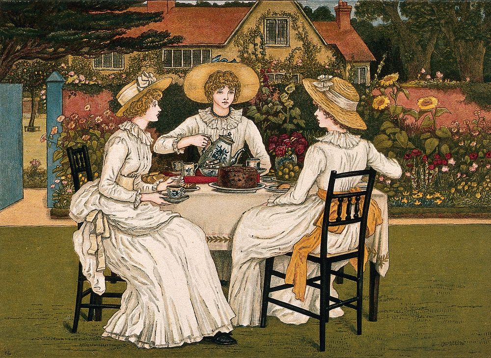 Three young woman are sitting at table in a garden having afternoon tea, with a large fruit cake. Colour wood engraving by…