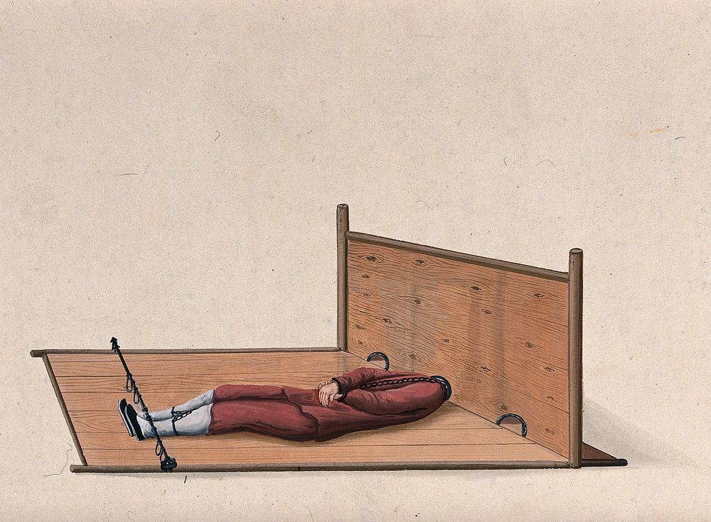A Chinese man confined to a contraption similar to stocks which constrains the movement of his head and pins his legs down…